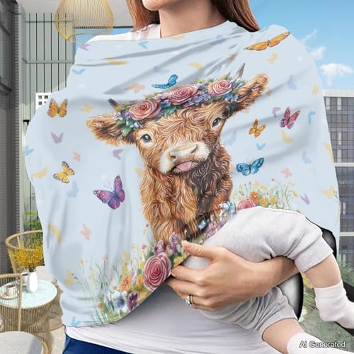 Image of Wanyint Highland Cow Butterfly Blue Infant Car Seat Cover, Baby Carseat Scarf Stretchy Nursing Scarf Car Seat Canopy Breathable Nursing Cover for Boys Girls
