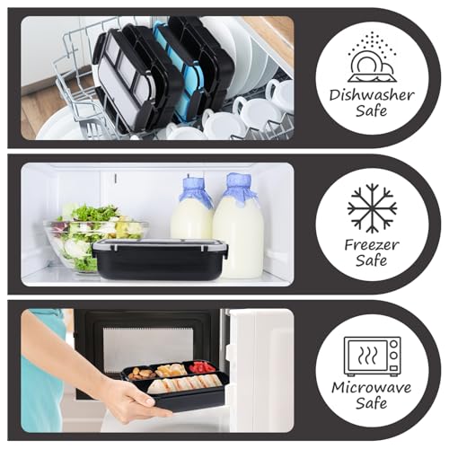 Image of QQKO Bento Box for Kids Adults, School Toddler Lunch Box for Boys Girls, Lunch Box Containers with 4 Compartments, Sauce Container, Utensils, Food Picks and Muffin Cups for School, Black Gray