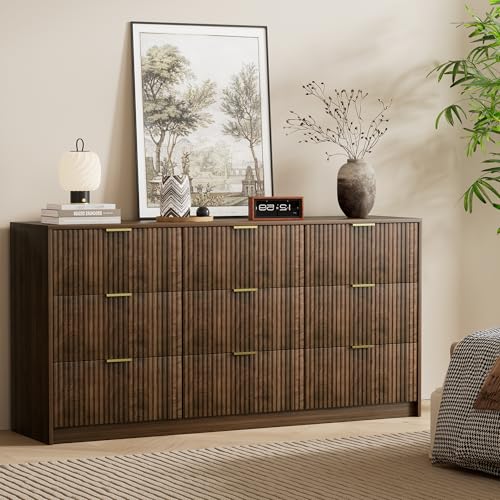 Image of Furniway Walnut Dresser for Bedroom, Modern Dresser with 9 Drawers and Smooth Slides, Wide Chest of Drawers with Golden Handles for Bedroom, Living Room, Closet, 15.7 inch D x 63 inch W x 31.5 inch H