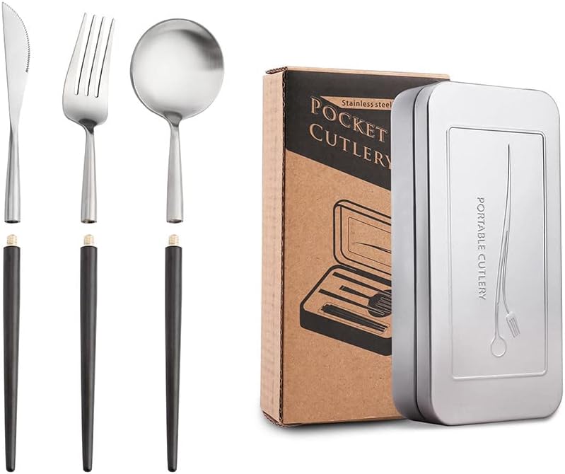 3 Pcs Portable Black Flatware set for 1 Forks Spoons and Knives Gold Silverware set Utensils Tableware Light Luxury Travel Outdoors With Box (Silvery&Black 12Pcs for 4)