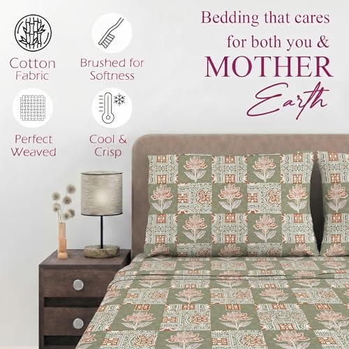 Image of Trance Home Linen 100% Cotton 144TC Elastic Fitted Bedsheet | Super King Bed Size Printed Fitted Sheet | Elasticated Fitted Bedspread with 2 Pillow Covers (84x78 inch, Ajrak Green)