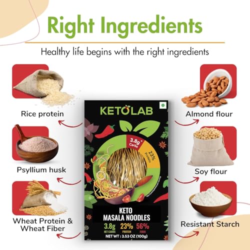 Image of Ketolab Keto Masala Noodles Spaghetti, 100 Gms, 1 Pack, 3.8g Net Carb & 23% High Protein /Serving, Identical to Regular Noodles, Low Carb, High Fibre, Low GI, Keto Diet, Diabetic Friendly