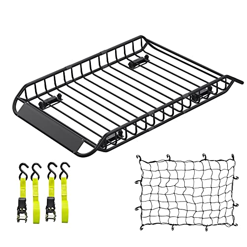 Kairay Roof Rack Basket 58"(L) X 36"(W) X 5.1"(H) Extendable Universal Black Rooftop Cargo Carrier Car Top Luggage Carrier For Truck Cars Suv With Cargo Net And Ratchet Straps #TOP25
