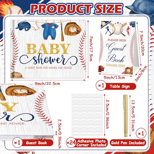 Image of Fuyoooo 27 Pcs Baseball Baby Shower Guest Book Set Baby Shower Sign in Guest a Little Slugger is on the Way Book Place Table Cards with Gold Pen Adhesive Photo Corner for Birthday Party