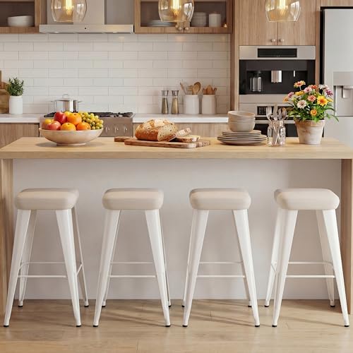 Image of Yongchuang Backless Bar Stools Set of 4, 24 inch Farmhouse PU Leather Barstools | Upholstered Counter Height Stools with Metal Legs, Modern Rustic Kitchen Island Dining Counter Stools Off-White