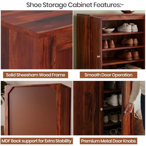 Image of Amazon Brand - Solimo Bondiss Solid Sheesham Wood Shoe Storage Cabinet, Honey Finish, 2 Doors