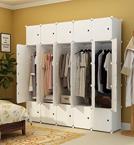 KOUSI Portable Wardrobe Closets 14\"x18\" Depth Cube Storage, Bedroom Armoire, Storage Organizer with Doors, 25 Cube, White