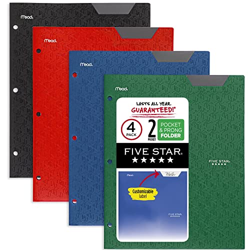 Five Star 2 Pocket Folders, Stay-Put Folders, Plastic Colored Folders With Pockets & Prong Fasteners For 3-Ring Binders, For Home School Supplies & Office, 11” X 8-1/2”, Assorted, 4 Pack (38049) #TOP9