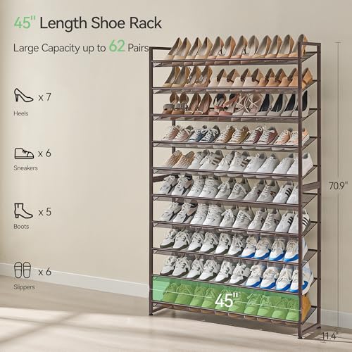 Image of Nunsino Shoe Rack, Long Shoe Organizer,Max Holds 62 Pairs,10 Tier Metal Shoe Storage Shelf,5-Tier Stackable Shoes Organizer for Garage, Entryway,Bronze