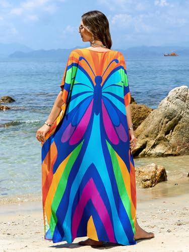 Image of sunforyou Kaftan Dresses for Women Plus Size Lightweight Swimsuit Cover up Batwing Sleeve Print Loungewear Beach Robe