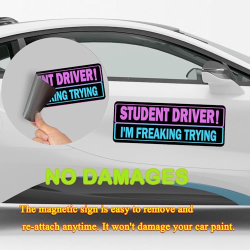 Image of 3 Pack Student Driver Magnet for Car, Magnetic Student Driver Sign for Vehicle, Reflective Warning Bumper Sticker Magnet Sign for New Driver, 10 inch x 4 inch (Black-PinkBlue)