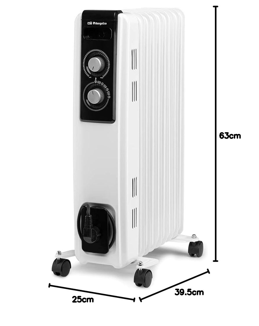Orbegozo RF 2000, Radiador eléctrico bajo consumo, 2000 W, 3 potencias de calor, 9 elementos, termostato regulable, protección contra sobrecalentamiento, ruedas pivotantes, color blanco
