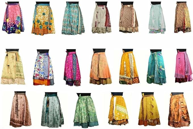 YILLE Boho Silk Sari Vintage Wraparound Long Skirt for Women Tie Waist Gypsy Double Layer Skirt with Multicolor Asymmetrical Free Size, Ethnic Fashion for Any Occasion and Casual Outings (Pack of 1)