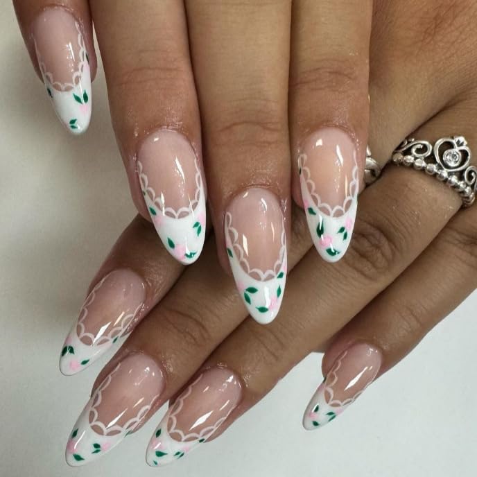 French Tip Press on Nails Medium Almond Fake Nails Flowers Acrylic Nails Lace False Nails Glossy Artificial Nails with Designs Glue on Nails for Women