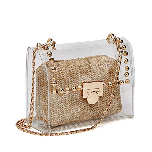 Clear Purse, YYW 2 in 1 Transparent Bag Fashion Rivet Chain Strap Clear Handbags for Women Clear Crossbody Bag (Brown)