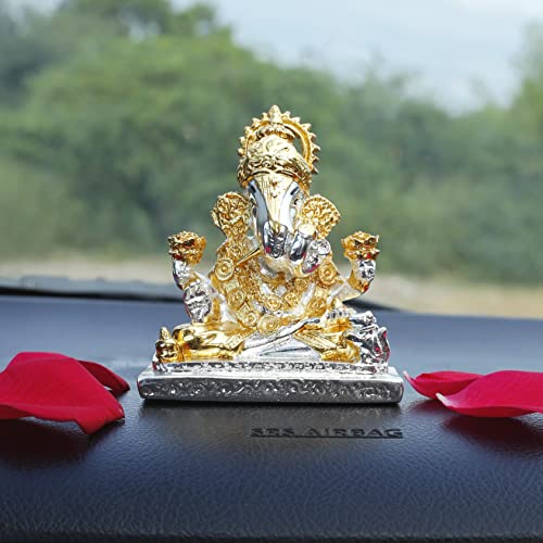 Image of Neodrift Ganesh Idol for Car Dashboard (Real 24kt & 999 Silver Plated, Dual-Tone Gold & Silver) (Model ND13) - Enhance Your Drive