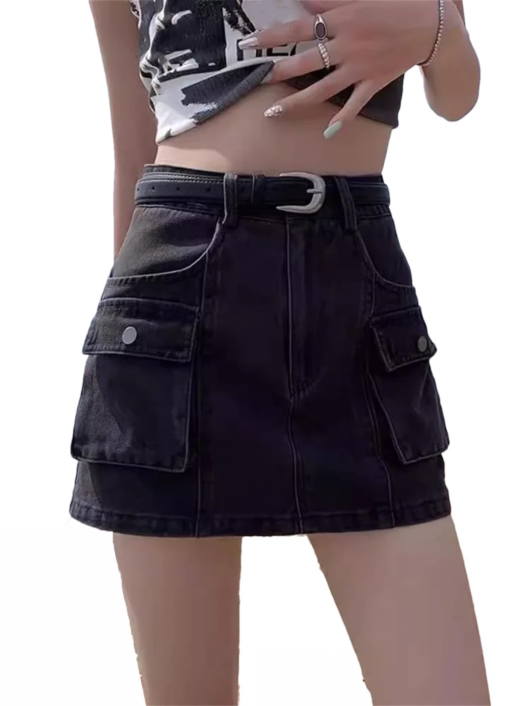 Mini gonne in denim da donna larghe svasate a vita alta tasche patchwork casual all-match gonna corta