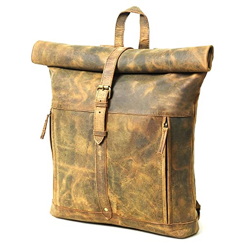 Gratlin Buffalo Leather Roll On Laptop Backpack 16 Inch | Vintage Genuine Leather Rucksack Backpack for Men & Women | Best Full Grain Brown Leather Backpacks Book Bag Knapsack for Travel Hiking Use3