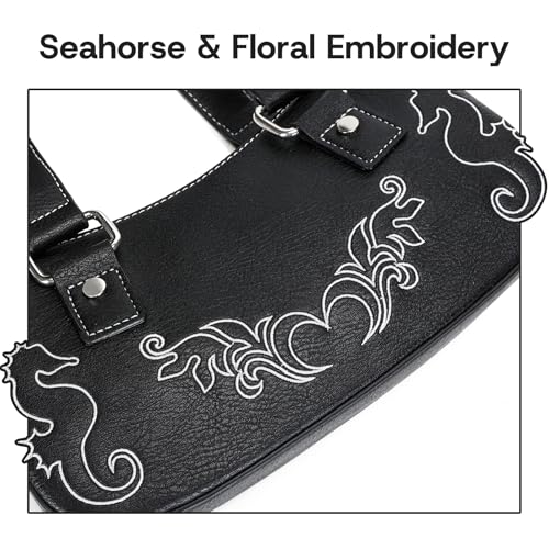 Y2K Small Shoulder Purses for Women Goth Punk Bag with Seahorse Embroidery4