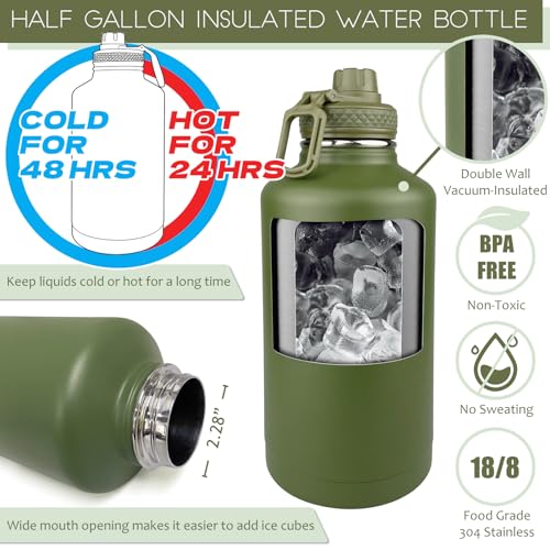 Image of 64 Oz Insulated Water Bottle with Sleeve (All Military Green) - Half Gallon Water Jug with Handle - Stainless Steel Sports Water Bottle for Gym Workout Hiking Tactical Bottle with Pouch