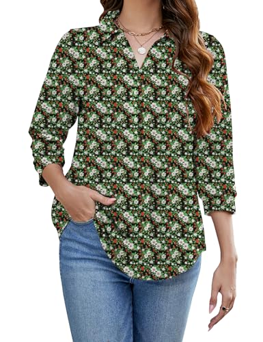 Bluetime Womens Tops Dressy Casual Collared V Neck 3/4 Sleeve Work Shirts Business Office Blouses Loose Fit Tunic Tops (Floral1 XXL)