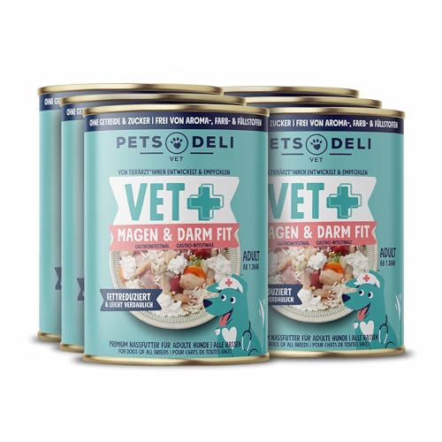 Pets Deli Vet Hunde Nassfutter Magen & Darm Fit Huhn, Diätfutter bei Durchfall & Verdauungsstörungen, ohne Zucker und Gluten, 6x400g, Premium Qualität