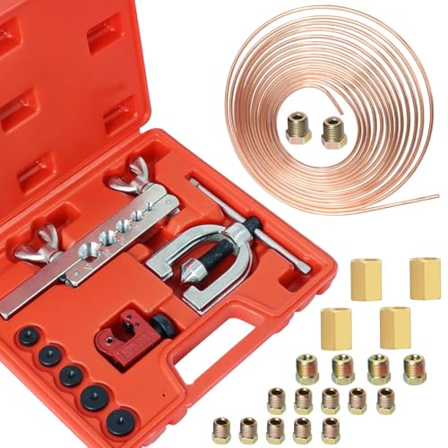 Poweka Kit D’Outils de Conduites De Frein，Kit D’Outils de Torchage Double et Simple，7,6 m 4.7 mm Kit Reparation Conduite Rigide de Frein avec 16...