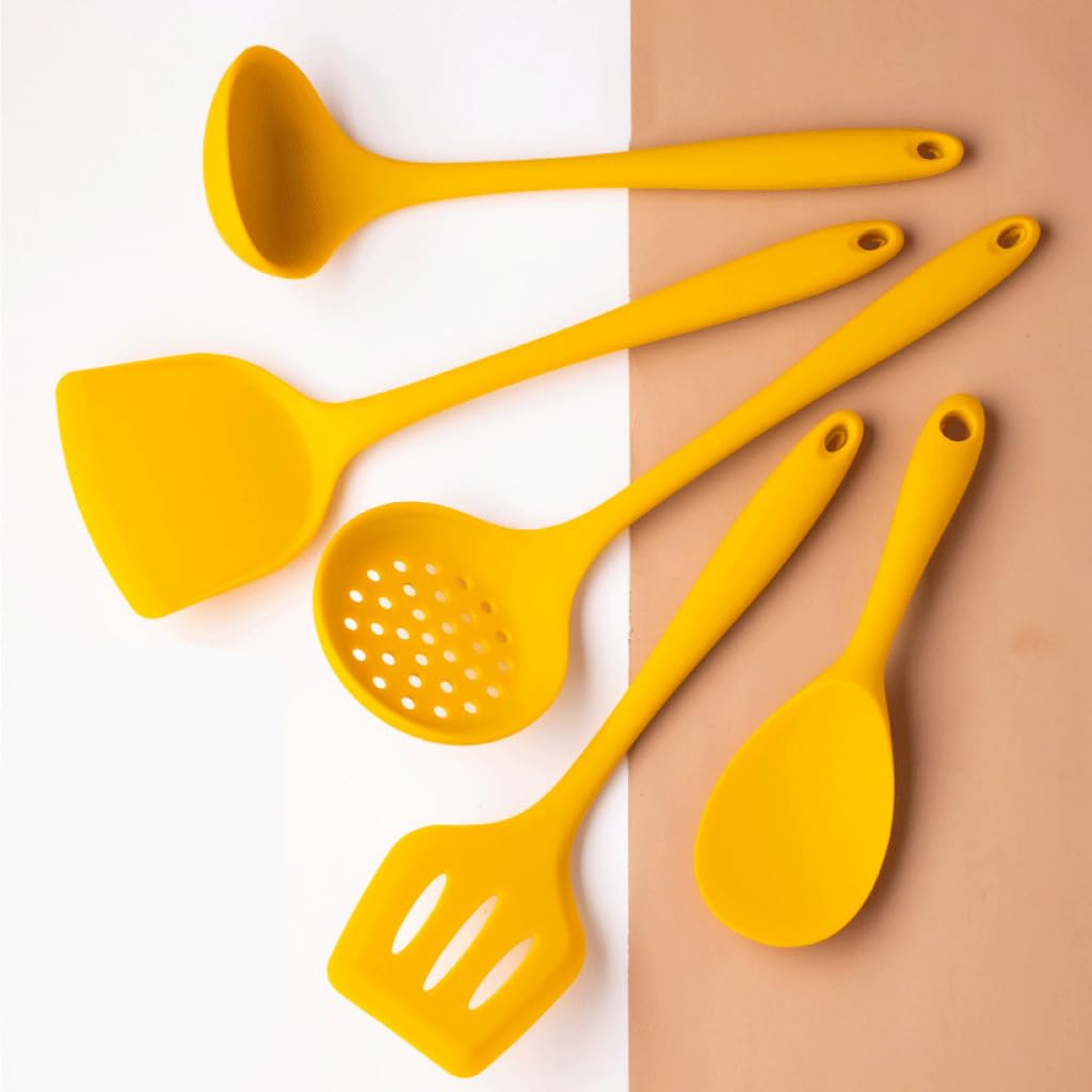 Utensilios de cocina, cuchara de arroz de silicona, pala de herramientas de cocina resistente al calor con cucharas para servir amarillas ranuradas