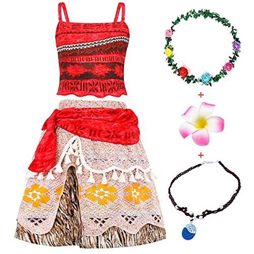 WonderBabe Moana Dress for Toddler Girls Halloween Cosplay Costume Skirt Set Costume for Girls Cosplay Dress up Size 7-8T (Orange-3 Pcs,7/8 Years)