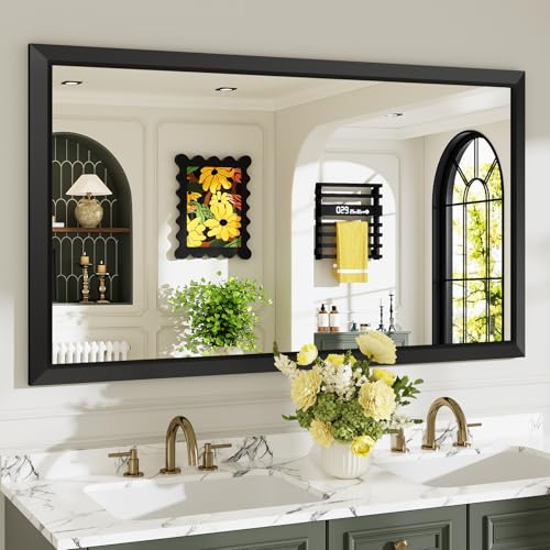Image of 55x32 Inch Black Bathroom Mirror for Wall, Beveled Framed Rectangle Bathroom Vanity Mirrors for Over Sink, Bedroom, Living Room, Entryway, Anti-Rust, HD Tempered Glass, Horizontally /Vertically