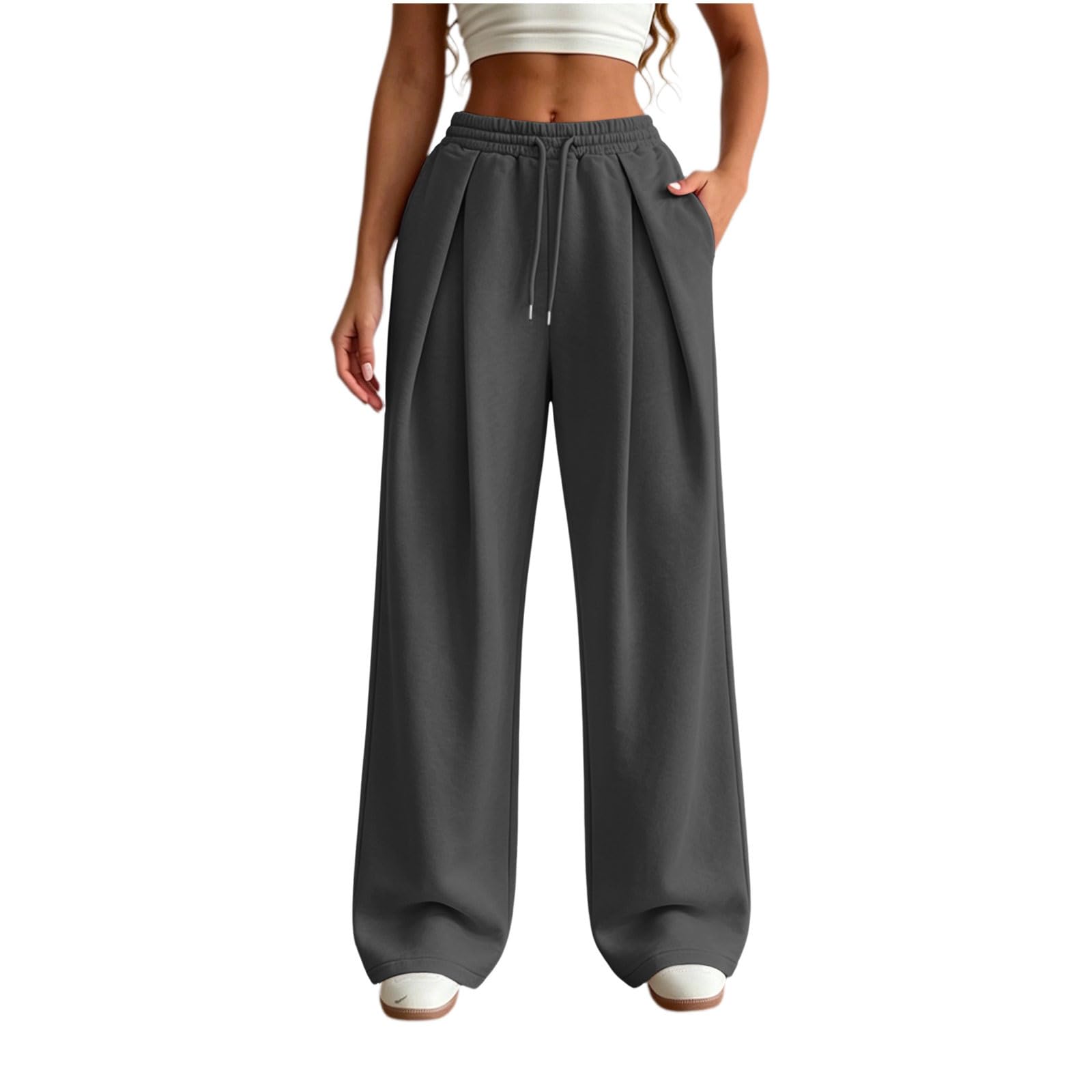 Generico Pantaloni da Jogging Donna Pantaloni Lunghi a Vita Alta Pantlone Cotone con Coulisse Regolabile Leggeri e Comodi Pantalone da Corsa con Tasche Plissettato Pants Baggy per Yoga e Fitness