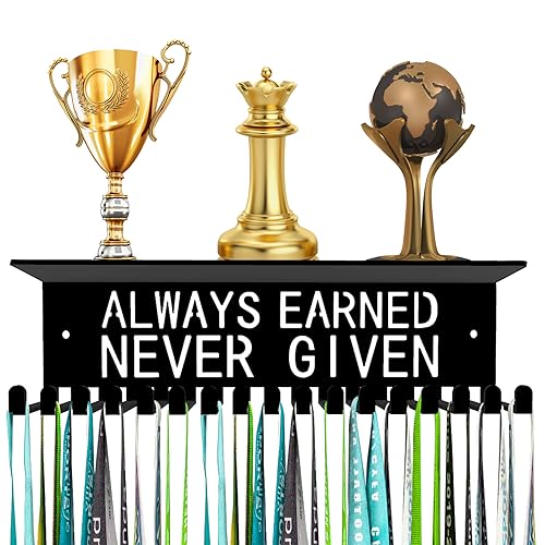 Dafftos Medal Display Shelf Medals Wall Metal Trophy Rack Hanger Ribbon Holder Organizer Frame Awards Always Earned Never Given Softball Runner Custom Hold 90 Medals Easy to Install 13 Inch