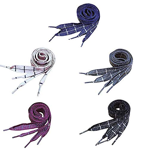 VEIREN 5 Pairs Wide Flat Shoelaces Linen Lattices British Style Shoes Strings for Women Girls Sneaker Sports Casuals Canvas Shoes 120cm Length 1.6cm Width