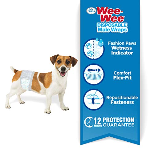 Image of Four Paws Wee-Wee Super Absorbent Disposable Adjustable Dog Potty Training Male Wraps Diapers, Leak-Proof Protection for Puppies and Small Dogs, Extra Small, 36 Count (Pack of 8)