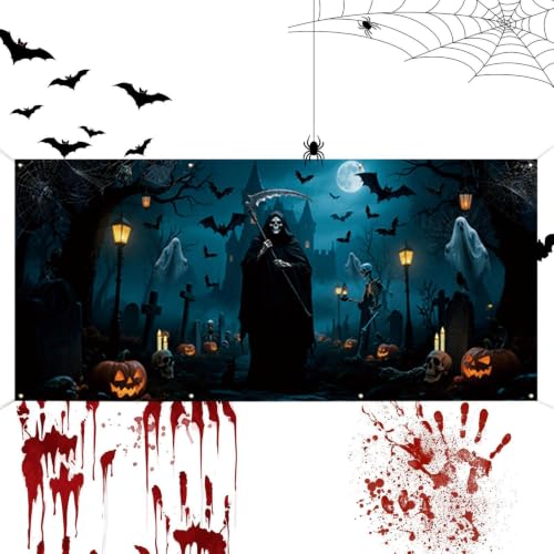 Pancarta de Halloween para puerta de garaje y decoración exterior de tela resistente 2