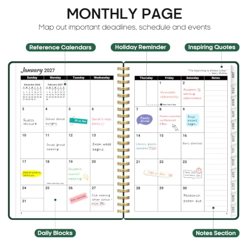2027 Planner, Weekly and Monthly Calendar Planner, January 2027 - December 2027, Hardcover 2027 Calendar Book with Tabs For Women & Men, Inner Pocket, Spiral Bound, Perfect for Office Home School Supplies, A5 (6.3" x 8.5"), Dark Green - Image 2