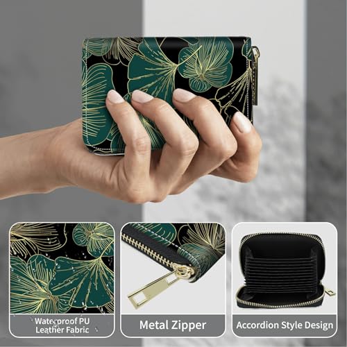 Image of Cute Credit Card Holder with Zipper, Art Leaf RFID-Blocking Card Case Small Wallet for Women Men, Multi-slot Card Organizer Case Travel Accordion Wallet