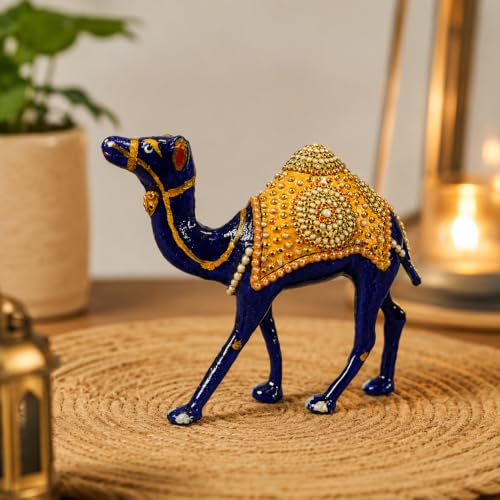 Image of eCraftIndia Handcrafted Blue Camel Showpiece with Kundan Work for Home Decor, Decorative Camel Figurine, Traditional Rajasthani Style Statue for Living Room, Office & Gifting