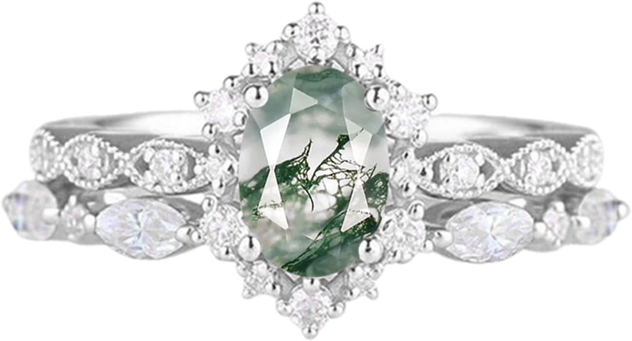 Unique Gemstone Wedding Ring Set Oval Cut Engagement Rings For Women 10k 14k 18k Gold Cluster Birthstone Ring 2 pcs Bridal Sets Wedding Rings