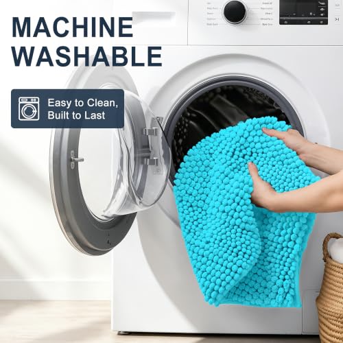 Image of Smiry Thick Chenille Bathroom Runner Rugs 44x24, Extra Absorbent Striped Bath Mat, Machine Washable, Rubber Backing, Long Bath Rugs for Bathroom, Tub & Shower, Home Decor Accessories, Aqua Sky