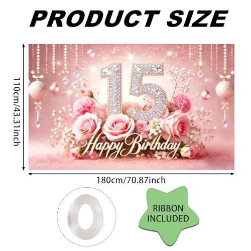 Image of Nuxovilar 15th Birthday Banner - Elegant Pink & Gold Floral Backdrop