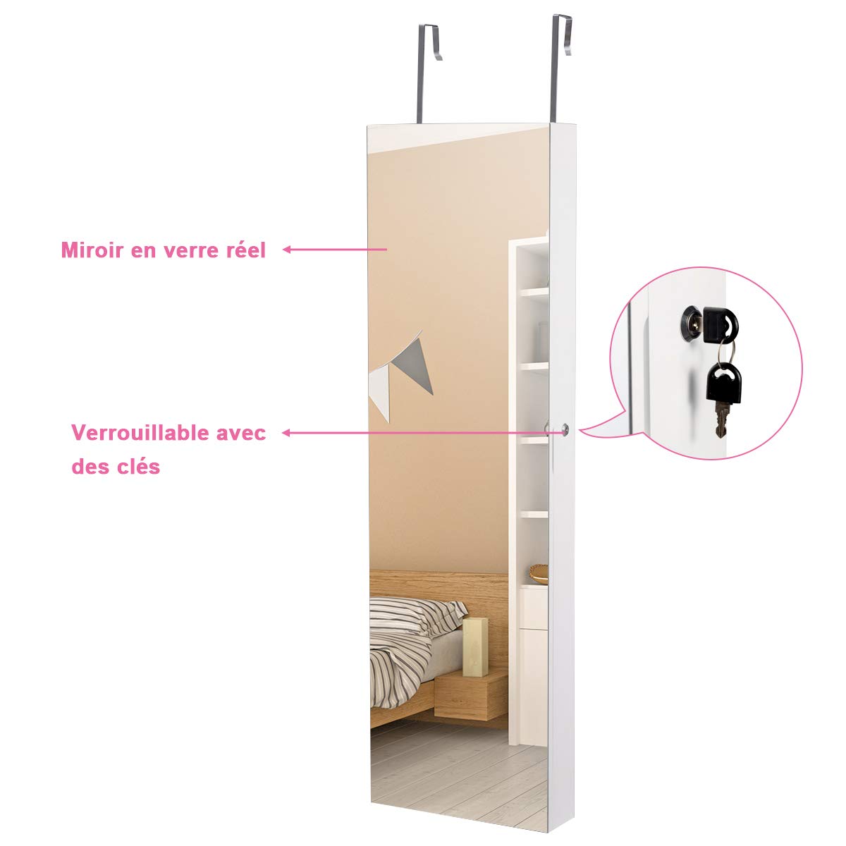 COSTWAY Armoire à Bijoux Mural avec Miroir et Lumière LED Armoire de Rangement Accrochée à La Porte 120 x 36 x 10 cm (Blanc)
