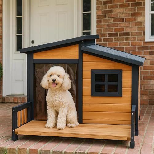 RUNSHED Indoor Outdoor Dog House,Wood Warm Pets Home,Insulated Weatherproof Outside Shelter with Elevated Floor,Easy to Assemble(39.3" L x 37.5" W x 30" H)
