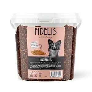 Fidelis – Rinderfilets für Hunde im wiederverschließbarem 500gr-Eimer - Luftgetrocknete Hunde Leckerlis aus 100% natürlichen Rohstoffen