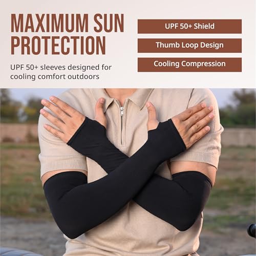 Image of UV Sun Protection Arm Sleeves for Men & Women - UPF 50+ Cooling Hand Cover for Biking, Cricket, Driving & Cycling - Tan Protection Guard