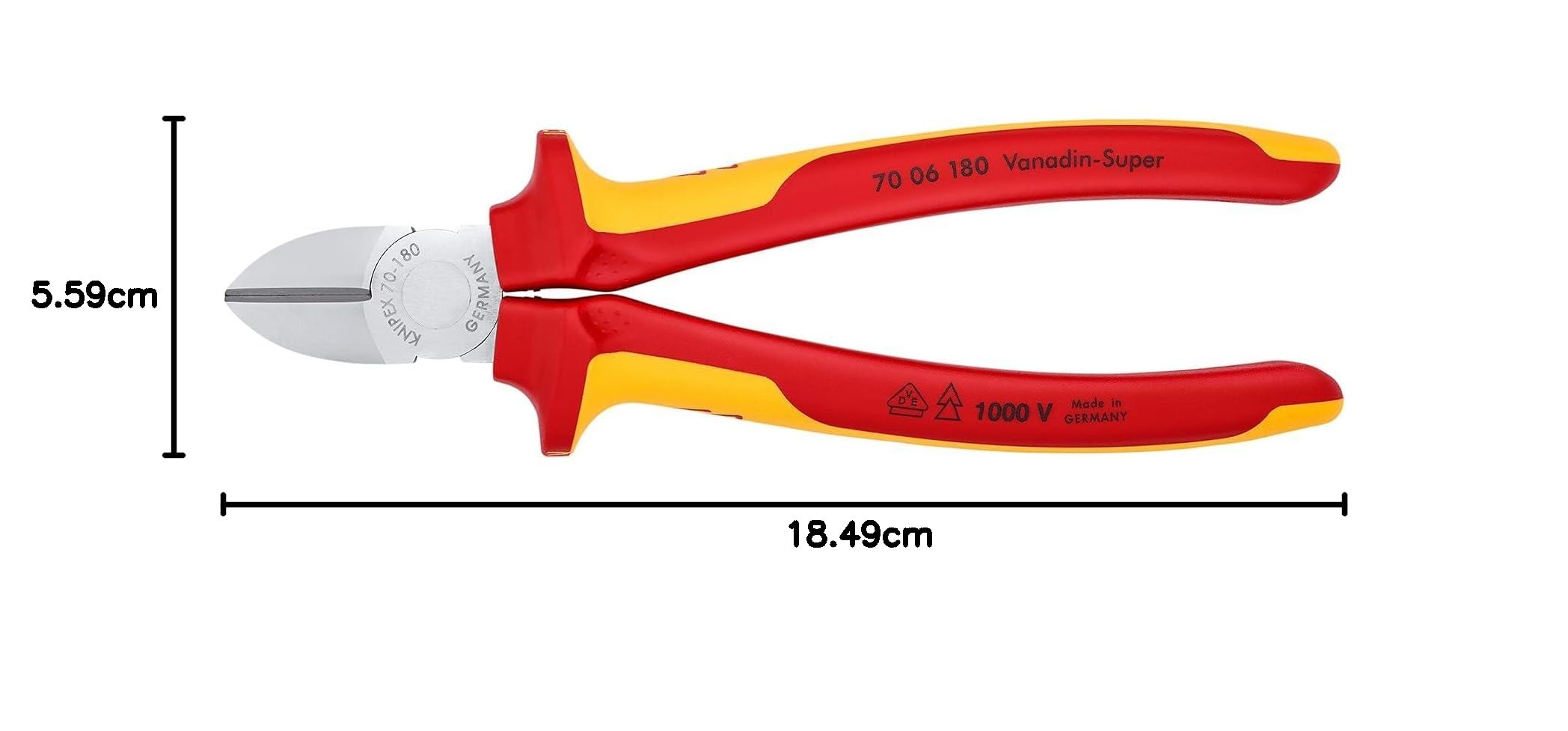 KNIPEX Tronchese laterale cromata isolati con manici rivestiti in materiale bicomponente, collaudati VDE 180 mm, 70 06 180