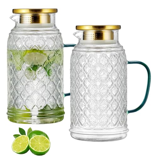 Buaic Glass Pitcher with Lid, 2 PACK 68 oz/2 Liter Vintage Water Pitcher, Clear Borosilicate Glass Water Carafe for Cold Brew, Coffee, Lemonade, Iced Sun Tea,Beverage, Milk, Heat Resistant