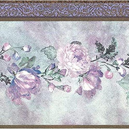 CONCORD WALLCOVERINGS ™ Wallpaper Border Floral Vintage Pattern Flowers Leaves for Living Room Dining Area Bedroom, Lilac Pink Gold Green, 15 ft by 5 in 65114