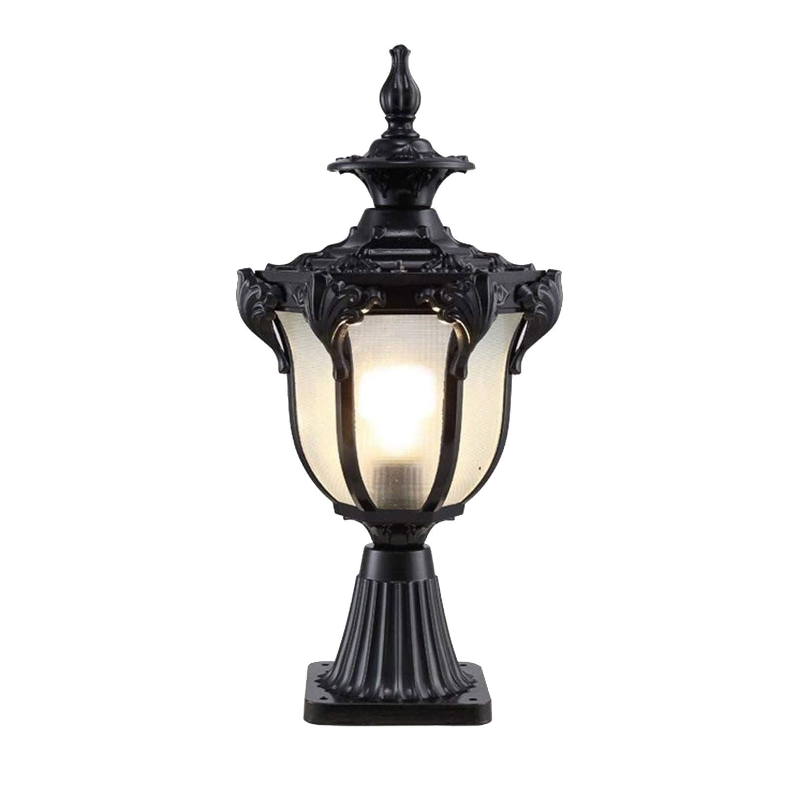 Europejskie zewnętrzne lampy słupkowe, szklana kolumna, lampa do ogrodu, na taras, patio lub podwórko, filar, dekoracja krajobrazu, latarnia, czarna, 24 x 59 cm