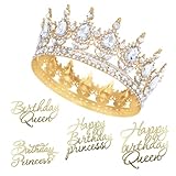 OMJMYY Geburtstag Krone Damen für Torte Prinzessin Krone Königin Tiara Kristall Krone Vintage Gold mit 4 Happy Birthday Tortendeko für Hochzeit Prom Geburtstag Party